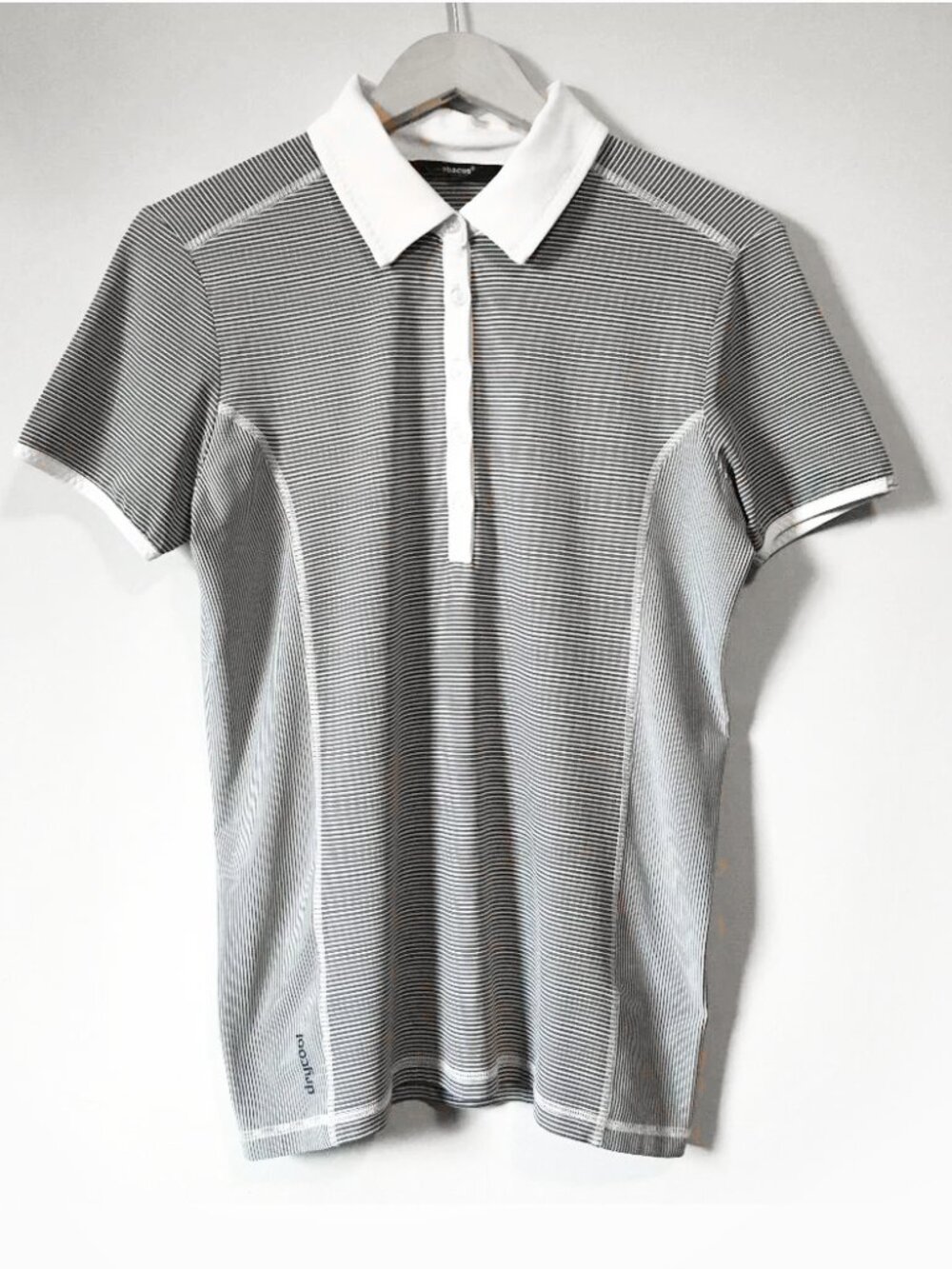 Abacus Drycool Pinstripe Golf Polo Shirt Button Collar Grey and White Stripes